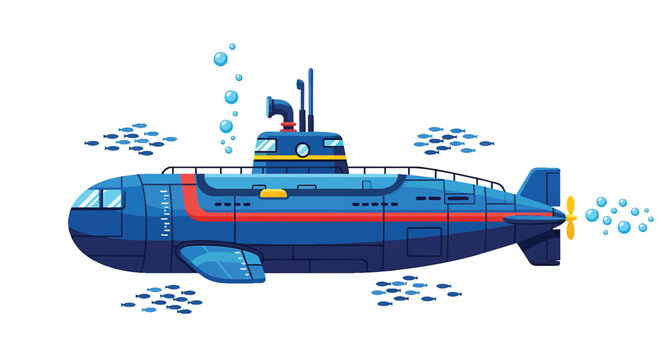 Blue Submarine Exploring Deep Ocean Waters With Schools Of Small Fish