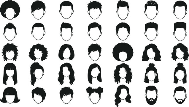 Large bundle of male and female avatar head silhouettes showing diverse haircuts hairstyles curly hair fashion icons vector illustration