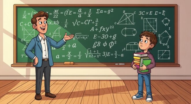 Teacher explaining math to a student at blackboard illustration