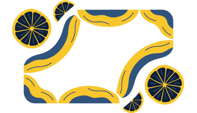 yellow and blue lemon slices border on white background