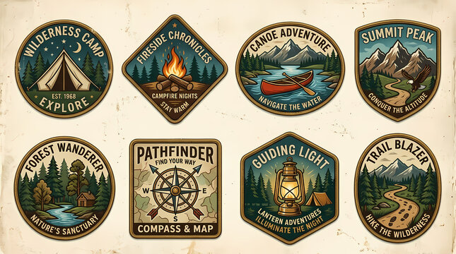 Vintage Style Camping and Outdoor Exploration Adventure Badge Collection Featuring Mountains Forests and Hiking Gear Illustrations