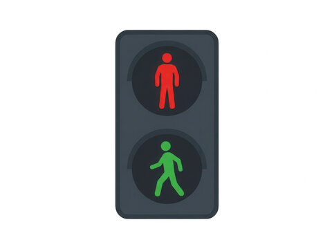 Un feu de signalisation pour pi&eacute;tons isol&eacute; sur fond blanc, affichant un bonhomme rouge statique en haut et un bonhomme vert en marche en bas, symbole universel de s&eacute;curit&eacute; routi&egrave;re et de circulation.
