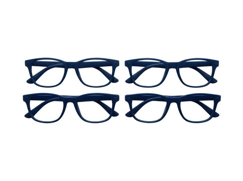 Quatre paires de lunettes de vue classiques &agrave; monture bleu marine dispos&eacute;es en grille sur un fond blanc pur, id&eacute;ales pour illustrer l'optique, la vision, la mode ou les accessoires de lecture.
