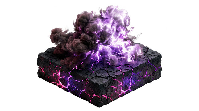 Un bloc de terre cubique flottant avec une surface de roche volcanique noire fissur&eacute;e, &eacute;mettant une fum&eacute;e sombre et une lueur magique violette intense, isol&eacute; sur un fond blanc pur, rendu 3D.
