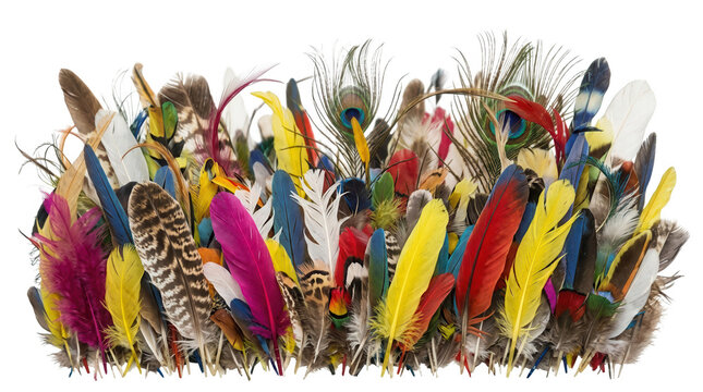 Une composition artistique dense de plumes d'oiseaux multicolores aux textures vari&eacute;es, incluant des plumes de paon et des teintes vives, isol&eacute;e sur un fond blanc pur pour un design cr&eacute;atif et