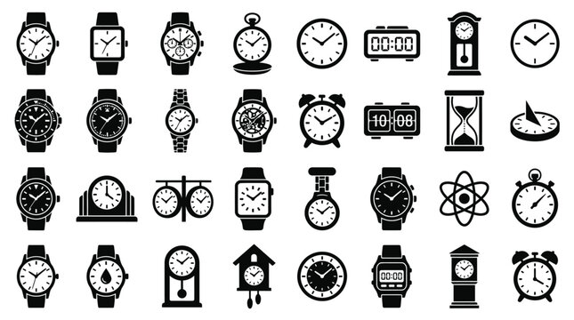 Collection of black clock and watch icons featuring wristwatches, digital smartwatches, analog alarm clocks, hourglass, sundial, pocket watch, and wall clocks on white background.