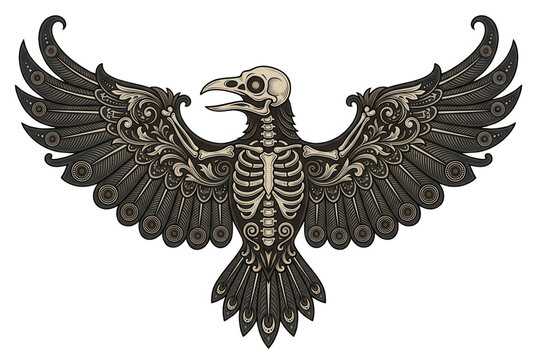 Illustration vectorielle d'un corbeau squelettique stylis&eacute; avec des ailes d&eacute;ploy&eacute;es, orn&eacute; de motifs ornementaux complexes et de d&eacute;tails anatomiques osseux sur un fond blanc &eacute;pur&eacute; pour un design