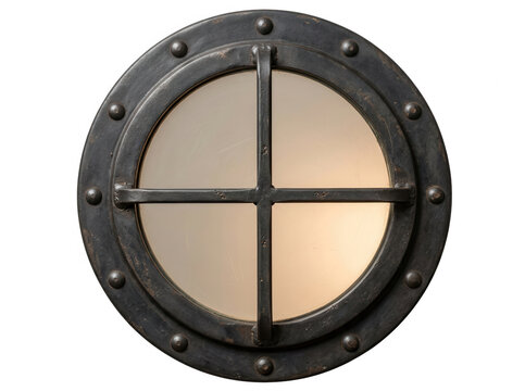 Un hublot rond en m&eacute;tal noir de style industriel avec une vitre d&eacute;polie, fix&eacute; par des rivets apparents, isol&eacute; sur un fond blanc pur, id&eacute;al pour des designs nautiques ou des concepts de d&eacute;coration