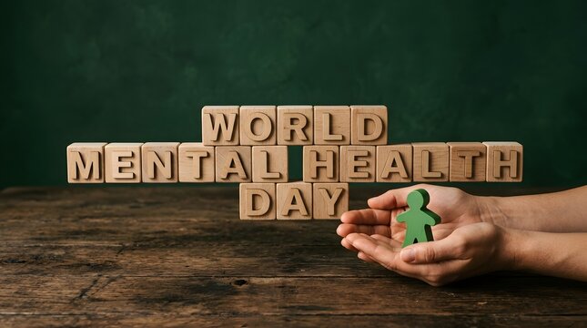 Scrabble Tile Text with Hands Holding Green Figure for Mental Health Day