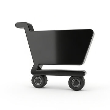 Sleek Black Shopping Cart Icon with Wheels on White Background