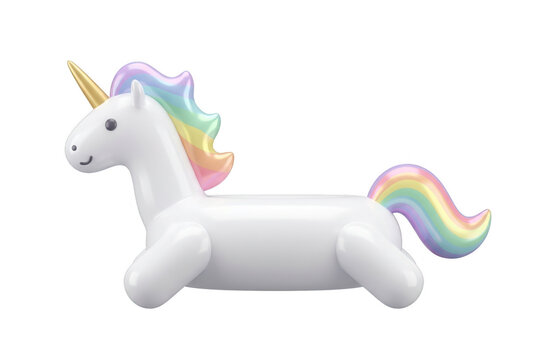 Une bou&eacute;e gonflable en forme de licorne blanche avec une crini&egrave;re et une queue aux couleurs de l'arc-en-ciel, dot&eacute;e d'une corne dor&eacute;e, isol&eacute;e sur un fond blanc pur pour un usage cr&eacute;atif polyvalent.