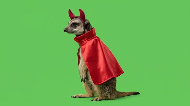 Meerkat in devil costume on green screen.