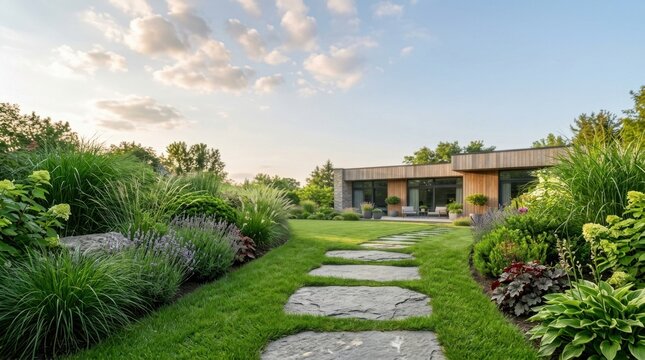 Natural stone path through green lawn leading to modern home at sunset with lush garden and clear blue sky.