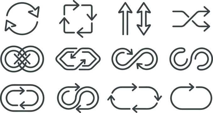 Set of line arrow icons representing process loop update reload infinite recycle refresh shuffle and sequence direction vector illustration