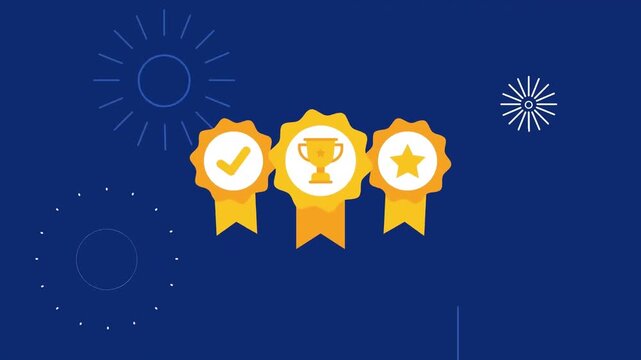 Gold award ribbons featuring trophy and star icons appearing in motion within this bright flat graphic animation loop video file