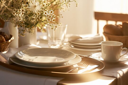 French press coffee and mixed berries on a woven placemat; subdued side angle, neutral palette