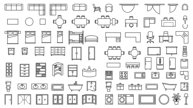 Complete Top View Furniture and Interior Floor Plan Icon Kit for Architectural Blueprints, Apartment Layouts, Home Design and Office Space Planning