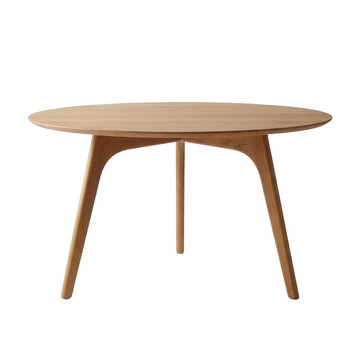 Une table ronde minimaliste en bois clair avec un design scandinave &eacute;l&eacute;gant, isol&eacute;e sur un fond blanc pur, parfaite pour l'am&eacute;nagement int&eacute;rieur moderne, le mobilier de salle &agrave; manger ou de bureau.