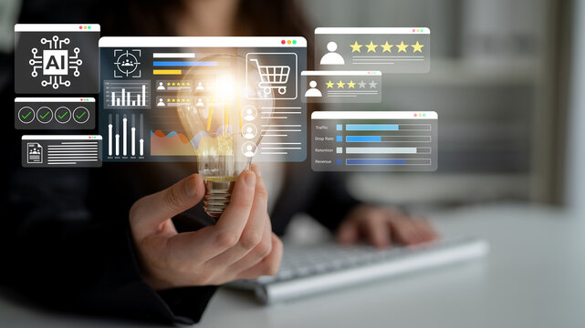 A business professional holds a lightbulb while engaging with digital analytics and e-commerce data, illustrating the fusion of technology and innovative strategies for success. Gantry