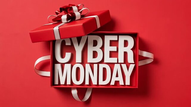 Cyber monday sale concept with red gift box and bold promotional text