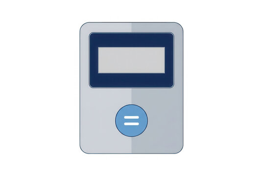 Ic&ocirc;ne plate vectorielle repr&eacute;sentant une calculatrice de poche simple avec un &eacute;cran num&eacute;rique rectangulaire et un bouton bleu central marqu&eacute; du signe &eacute;gal, isol&eacute;e sur un fond blanc pour le design.
