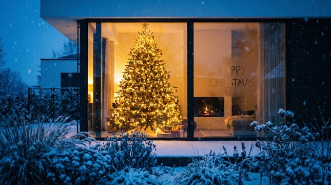 Cozy modern house with a glowing christmas tree in the window at night during a winter snowfall
