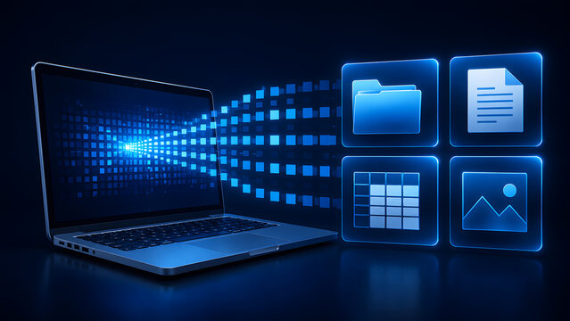 Modern laptop streaming digital data into categorized icons for folder document spreadsheet and image media files