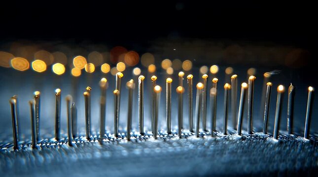 Abstract close-up of numerous metallic nails piercing a dark surface illuminated by warm bokeh lights in the background a striking visual metaphor for pain challenge and resilience