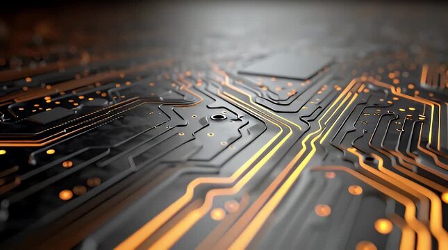 Abstract circuit board close-up showcasing intricate gold pathways and a futuristic design symbolizing technology innovation connectivity and complex systems in a dark setting