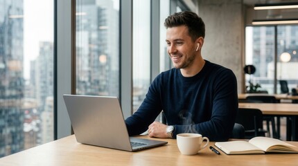 Obraz premium Young professional man smiling while working on a laptop in a modern office with a city view, holding a coffee cup.