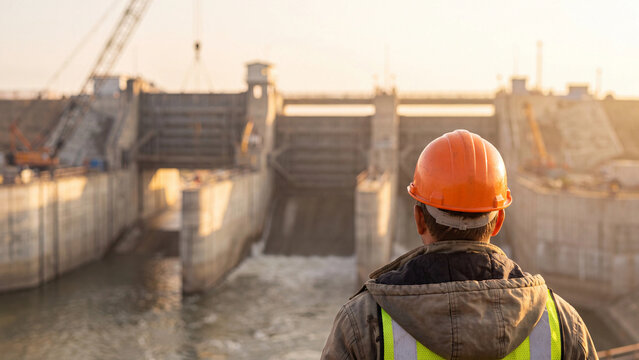 Construction worker in hard hat looking at a large dam and hydroelectric power plant construction site at sunset