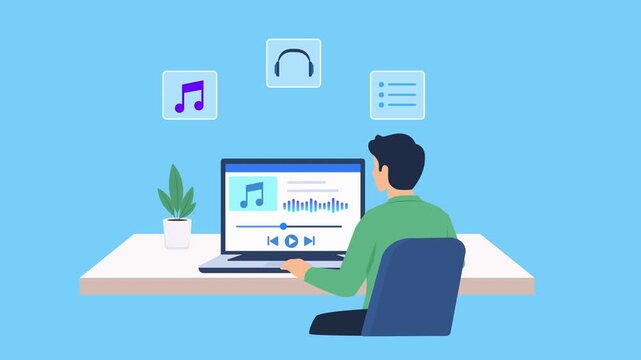 Animated audio player scene showing a person working at a computer with music, headphone, and playlist icons, representing digital music, audio streaming, and media production.