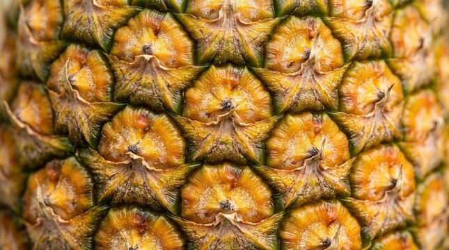 Extreme macro closeup of ripe pineapple outer skin revealing complex natural geometric structure