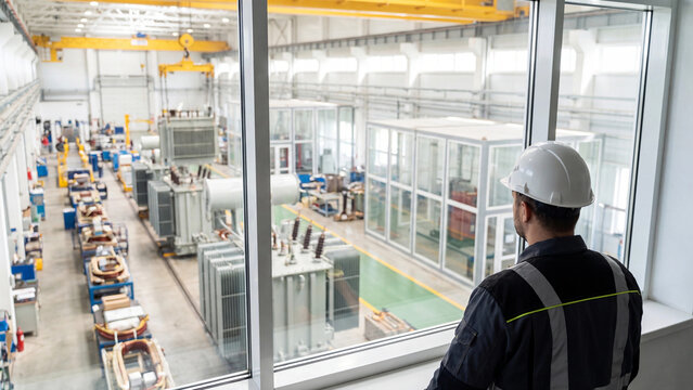 Engineer in a white hard hat looking at a transformer manufacturing plant through a window from an observation deck