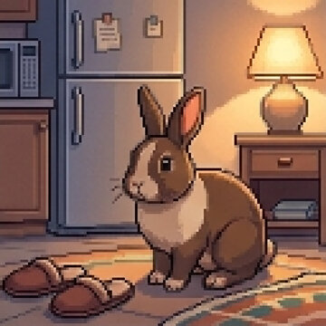 Brown Rabbit Sitting Near Lamp in Kitchen, Pixel Art Illustration