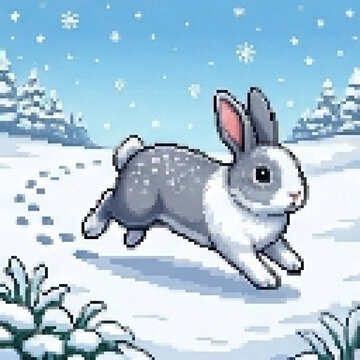 Gray Rabbit Running Through Snowy Field, Pixel Art