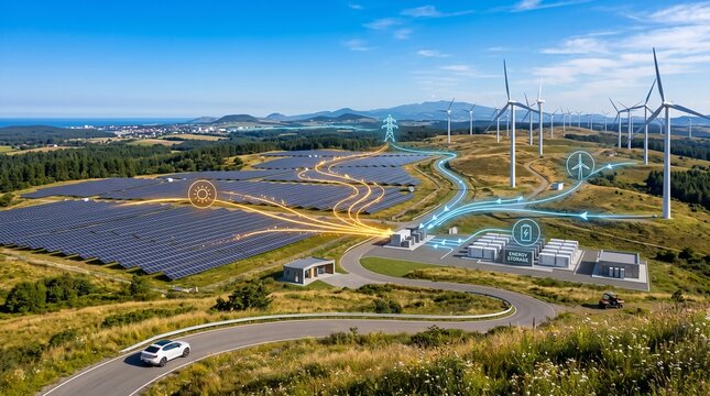 Renewable Energy Power Plant with Solar Panels and Wind Turbines