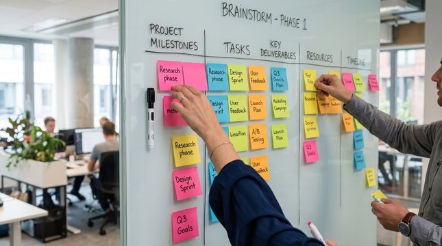 Creative business team brainstorming session using colorful sticky notes on glass whiteboard for project planning, agile workflow management, and strategic goal setting in modern