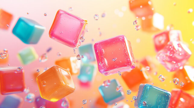 Close-up of colorful transparent ice cubes and suspended bubbles
