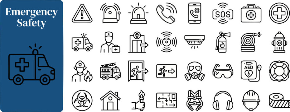 Medical Response outline icon set. Featuring ambulance, emergency call, aed device, lifebuoy, and firefighter helmet symbols. Editable stroke vector icons for rescue service and responder training.