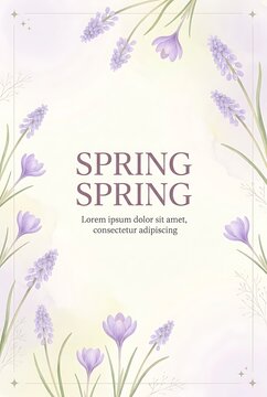 Spring postcard design featuring watercolor purple crocus flowers on light background greeting card layout decorated with botanical floral art and spring text postcard botanical watercolor