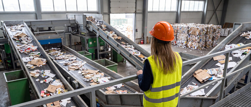 Female worker in a hard hat and safety vest standing in a recycling facility overlooking conveyor belts with paper waste