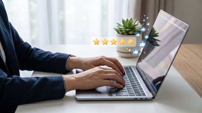 Professional woman typing on laptop keyboard with floating five star rating and like icons, customer satisfaction, positive feedback review, online reputation management