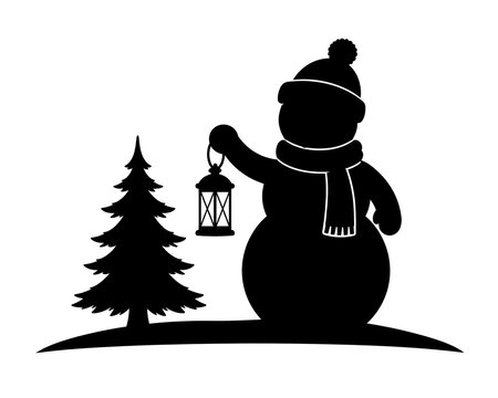 Black silhouette of a snowman holding a lantern with a tree isolated on white background, illustration