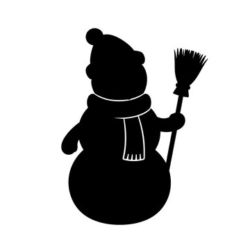 Black silhouette of a cute snowman holding a broom isolated on white background, illustration