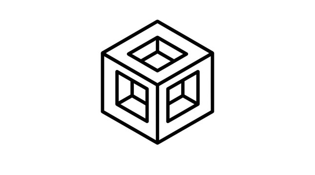 Minimalist isometric cube icon, black line art geometric 3D box, abstract hollow square structure for logo design and branding