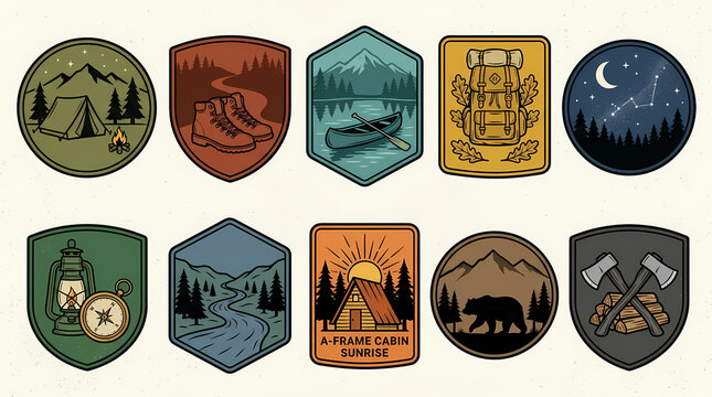 Collection of Outdoor Adventure Camping Badges Featuring Mountains Forests Wildlife Hiking Gear and Wilderness Exploration Symbols