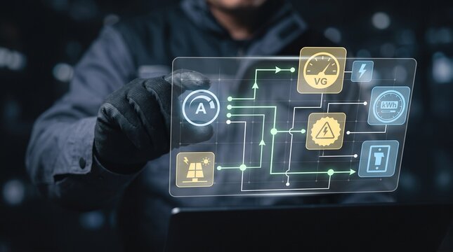 Technician interacting with a digital holographic interface for smart energy management and solar power monitoring system