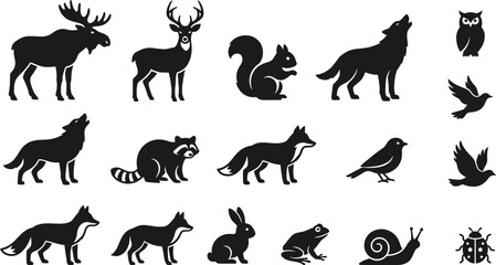 Obraz premium Set of black silhouettes of wild forest animals and woodland creatures isolated on a transparent background
