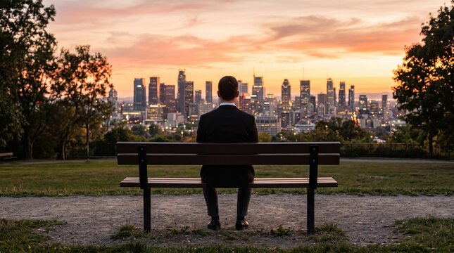 Businessman sitting on park bench looking at city skyline during sunset, contemplative professional viewing urban landscape, corporate executive relaxing outdoors after work